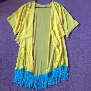 Lularoe Yellow & Teal Blue Fringe Monroe Kimono
